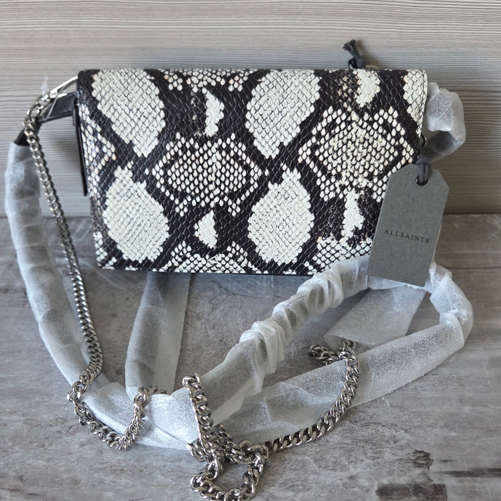 ALLSAINTS Fetch Crossbody Mini Bag Snakeskin Leather Black White Chain Strap NEW